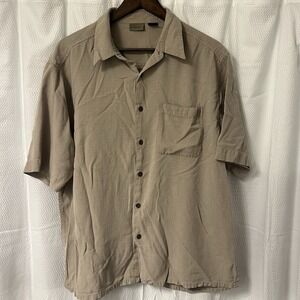 Axist 100% Silk Shirt Mens Medium Khaki Beige  Textured Short Sleeve Button Up